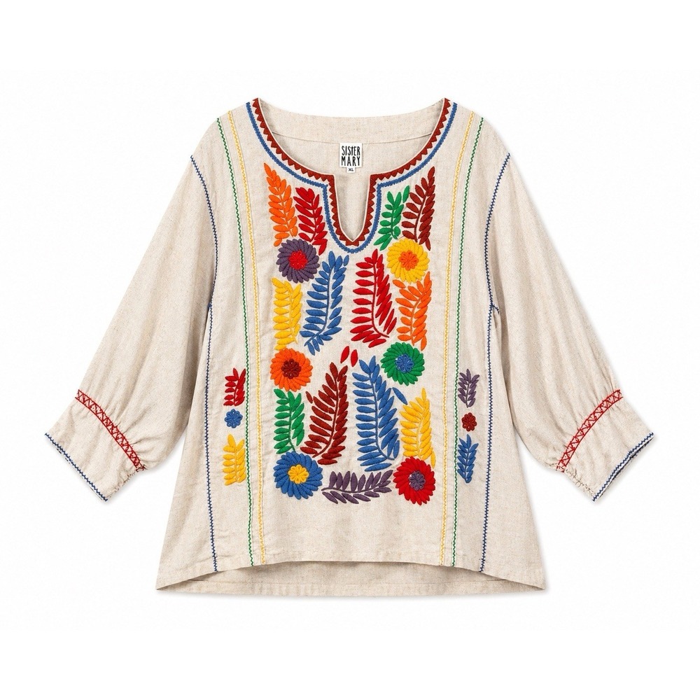 Sister Mary Gloria Embroidered Tunic Beige Linen Blend Boho Top Folk XL